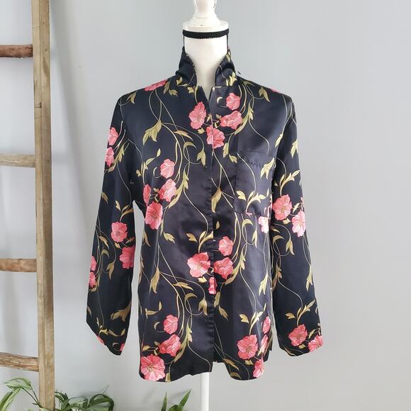 August Silk Intimates Black Floral Button Down Top M - Picture 1 of 7
